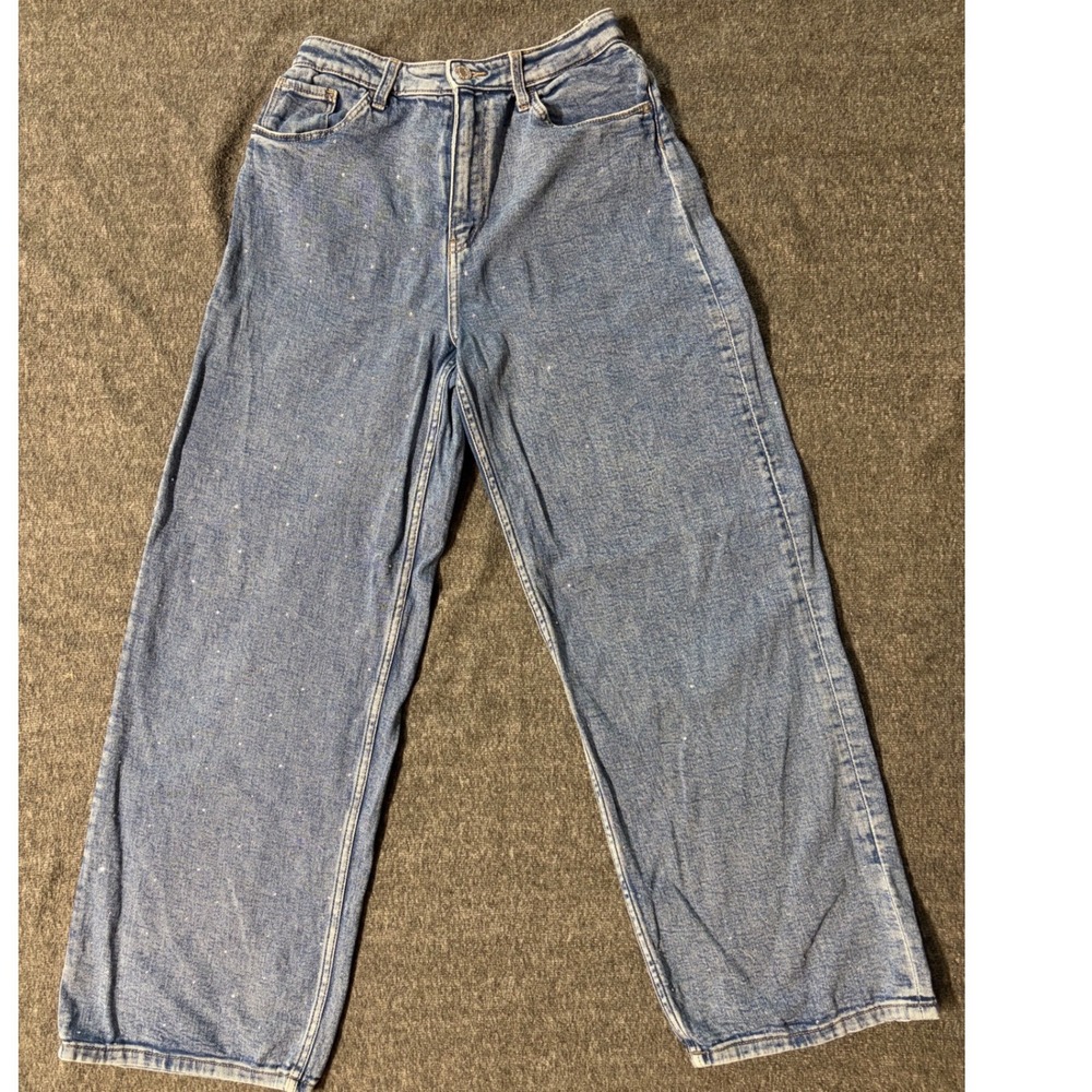 H&M High Waist Wide Leg Rhinestone Sparkle Blue Denim Jeans Girls Size 16/13Y